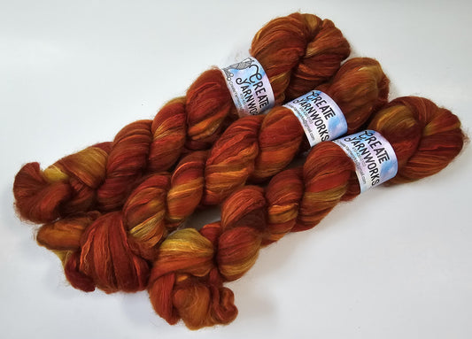 Pumpkin in Merino/ Brown Alpaca/ Camel/ Mulberry Silk blend Top 4oz braid