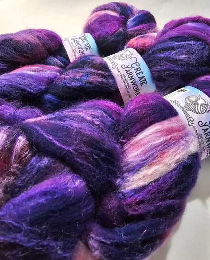 Purples in Merino/Tussah Silk 70/30 blend Top 4oz braid