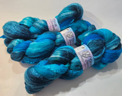 OOAK Teal Blues in Merino/Tussah Silk 70/30 blend Top 4oz braid