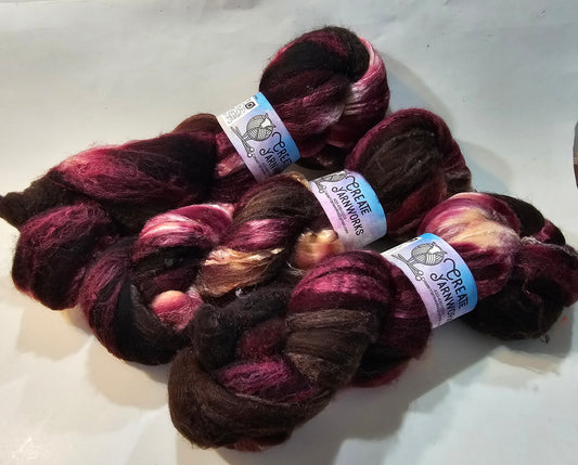 Burgundy Bark in Merino/Tussah Silk 70/30 blend Top 4oz braid