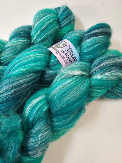 Tempting Teal in BFL, Rose Fiber and Baby Alpaca Top Roving Blend 4oz braid