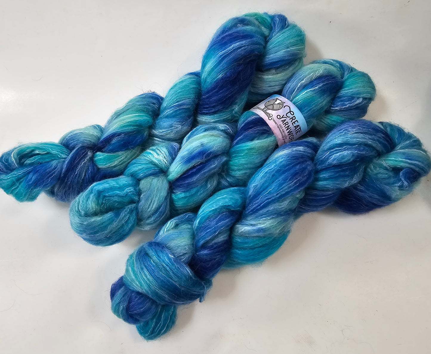 Blue Skies in BFL, Rose Fiber and Baby Alpaca Top Roving Blend 4oz braid