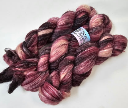 Wine Country in BFL, Rose Fiber and Baby Alpaca Top Roving Blend 4oz braid