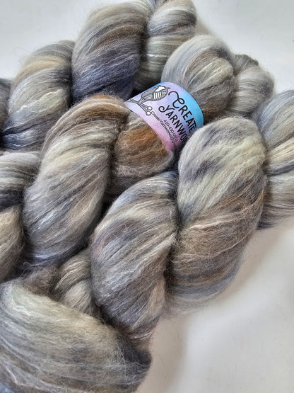 Stormy Skies in BFL, Rose Fiber and Baby Alpaca Top Roving Blend 4oz braid