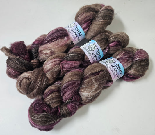 Burgundy Bark in BFL, Rose Fiber and Baby Alpaca Top Roving Blend 4oz braid