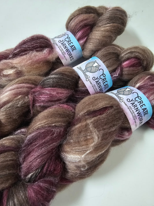 Burgundy Bark in BFL, Rose Fiber and Baby Alpaca Top Roving Blend 4oz braid