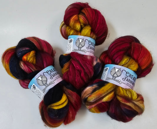 Mountain Sunset in Merino/ Brown Alpaca/ Camel/ Mulberry Silk blend Top 4oz braid