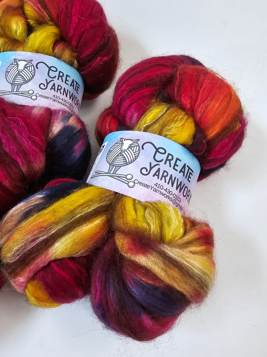 Mountain Sunset in Merino/ Brown Alpaca/ Camel/ Mulberry Silk blend Top 4oz braid