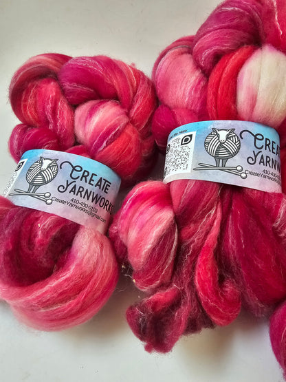 Pretty in Pink in Targhee, Bamboo and Silk Top Roving Custom Blend 4oz braid