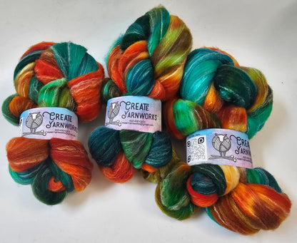 Tortoise Shell in Targhee, Bamboo and Silk Top Roving Custom Blend 4oz braid