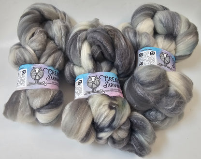 Stormy Skies in Targhee, Bamboo and Silk Top Roving Custom Blend 4oz braid