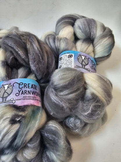 Stormy Skies in Targhee, Bamboo and Silk Top Roving Custom Blend 4oz braid