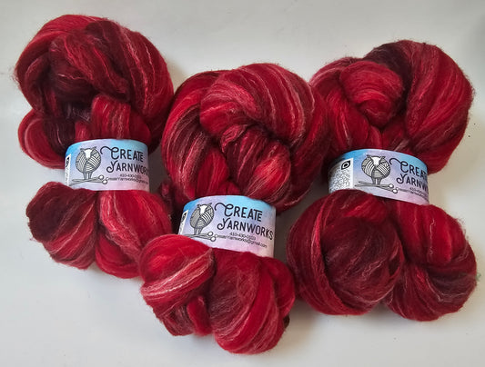 Ragin' Red in Targhee, Bamboo and Silk Top Roving Custom Blend 4oz braid