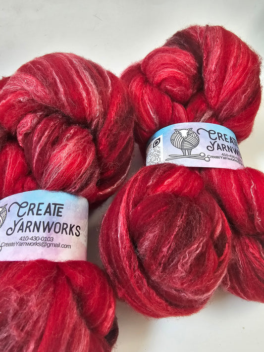Ragin' Red in Targhee, Bamboo and Silk Top Roving Custom Blend 4oz braid