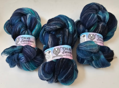 OOAK Blues in Targhee, Bamboo and Silk Top Roving Custom Blend 4oz braid