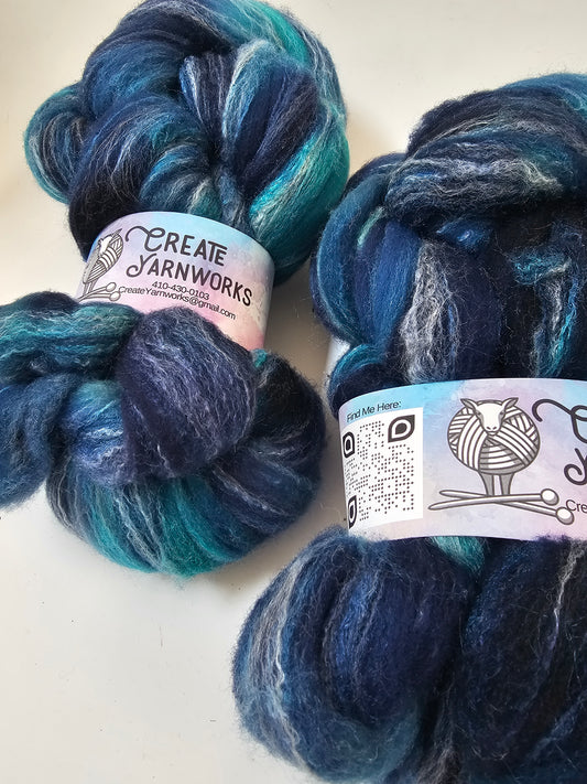 OOAK Blues in Targhee, Bamboo and Silk Top Roving Custom Blend 4oz braid