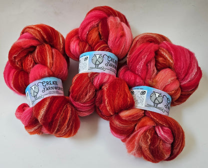 Hibiscus Heat in Targhee, Bamboo and Silk Top Roving Custom Blend 4oz braid
