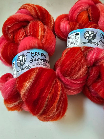 Hibiscus Heat in Targhee, Bamboo and Silk Top Roving Custom Blend 4oz braid