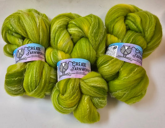 Grinch in Targhee, Bamboo and Silk Top Roving Custom Blend 4oz braid
