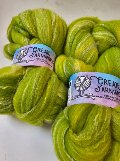 Grinch in Targhee, Bamboo and Silk Top Roving Custom Blend 4oz braid