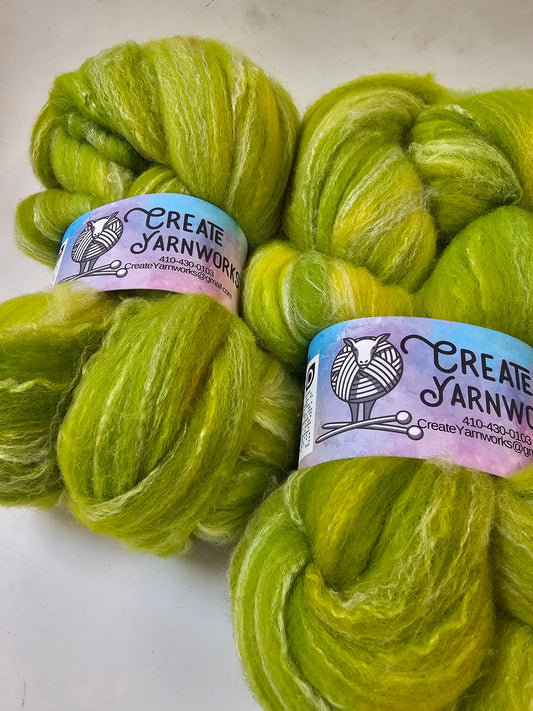 Grinch in Targhee, Bamboo and Silk Top Roving Custom Blend 4oz braid