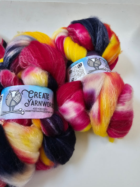 Mountain Sunset in Targhee, Bamboo and Silk Top Roving Custom Blend 4oz braid