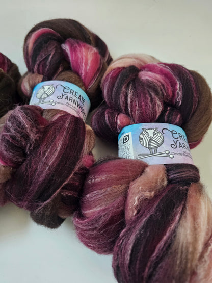 Burgundy Bark in Targhee, Bamboo and Silk Top Roving Custom Blend 4oz braid