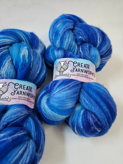 Blue Skies in Targhee, Bamboo and Silk Top Roving Custom Blend 4oz braid