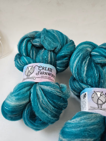 Tempting Teal in Targhee, Bamboo and Silk Top Roving Custom Blend 4oz braid