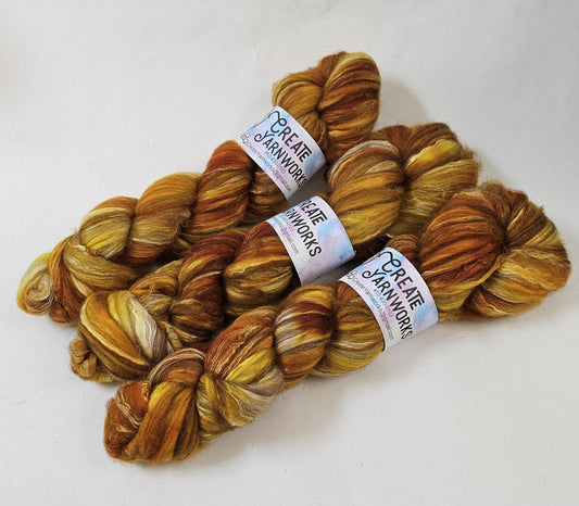Goldilocks in Merino/ Brown Alpaca/ Camel/ Mulberry Silk blend Top 4oz braid