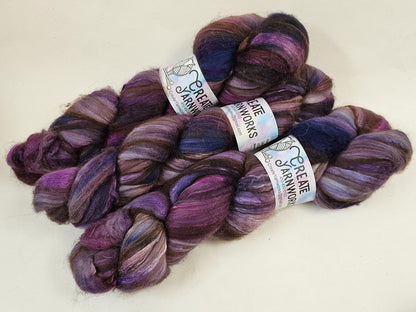Purples in Merino/ Brown Alpaca/ Camel/ Mulberry Silk blend Top 4oz braid