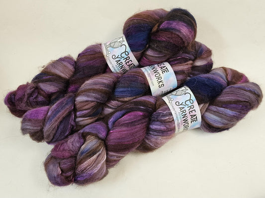 Purples in Merino/ Brown Alpaca/ Camel/ Mulberry Silk blend Top 4oz braid
