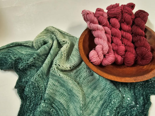 Gradient Knitted Shawl Kit in Cherry Bomb Sparkle Gradient - Pattern and Yarn Included