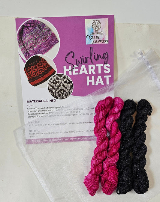Swirling Hearts Knitted Hat Kit - Pattern and Yarn Included - Hot Pink and Tonal Black Sparkles