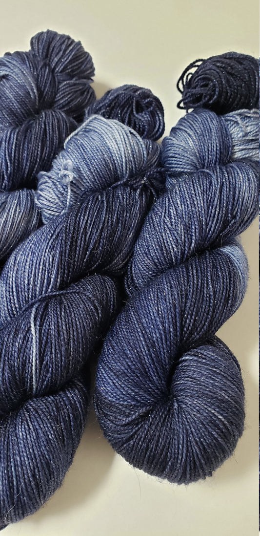 Navy in Gold Sparkle Superwash Merino Blend Fingering Weight Yarn