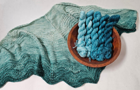 Gradient Knitted Shawl Kit in Tempting Teal Sparkle Gradient - Pattern and Yarn Included