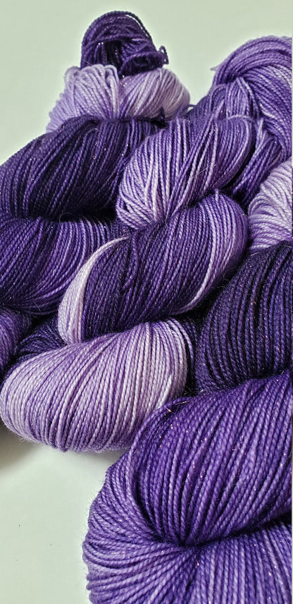 Purples in Gold Sparkle Superwash Merino Blend Fingering Weight Yarn