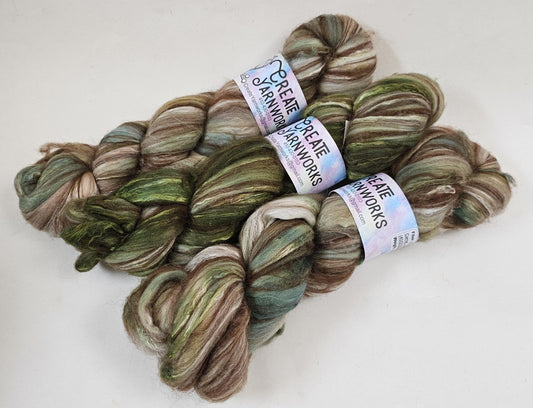 Pistachio in Merino/ Brown Alpaca/ Camel/ Mulberry Silk blend Top 4oz braid