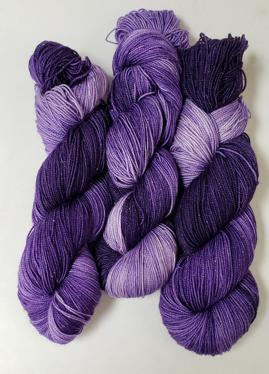 Purples in Gold Sparkle Superwash Merino Blend Fingering Weight Yarn