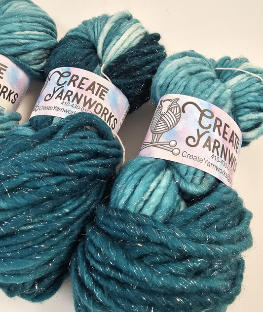 Tempting Teal in Silver Sparkle Superwash Merino Blend  Super Bulky Weight Yarn