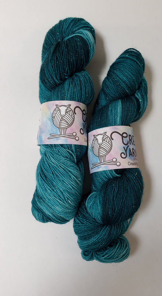 Tempting Teal in Gold Sparkle Superwash Merino Blend Fingering Weight Yarn