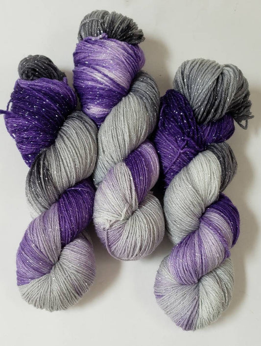 Purple Rain in Silver Sparkle Superwash Merino Blend  Fingering Weight Yarn