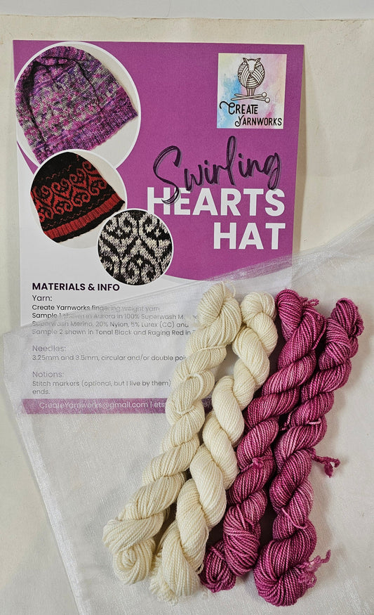 Swirling Hearts Knitted Hat Kit - Pattern and Yarn Included - Cream and Valentine Blush