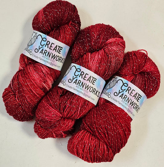 Ragin' Red in Silver Sparkle Superwash Merino Blend Fingering Weight Yarn