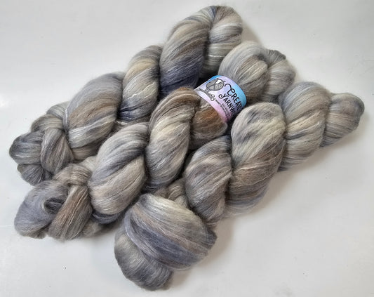 Stormy Skies in BFL, Rose Fiber and Baby Alpaca Top Roving Blend 4oz braid