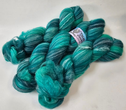 Tempting Teal in BFL, Rose Fiber and Baby Alpaca Top Roving Blend 4oz braid