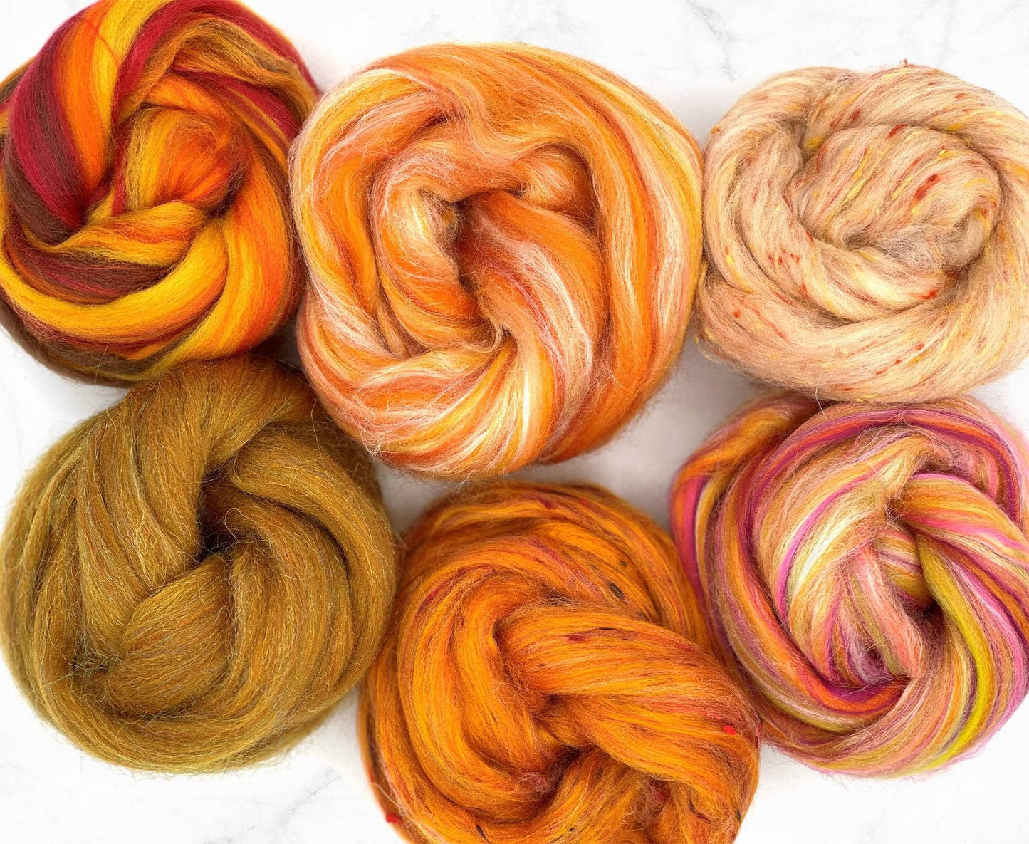 Glowing Oranges in Merino, Silk and Viscose Fiber Blends for Needle Felting, Wet Felting, or Spinning
