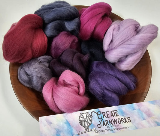Purples in 23 micron Merino Fiber for Needle Felting, Wet Felting, or Spinning