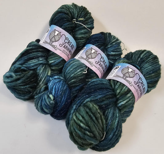 Oceans Deep in Silver Sparkle Superwash Merino Blend  Super Bulky Weight Yarn