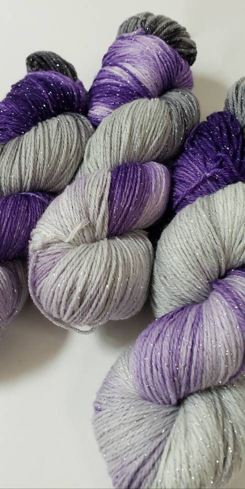 Purple Rain in Silver Sparkle Superwash Merino Blend  Fingering Weight Yarn